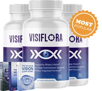 VisiFlora three bottle package with free bonus guides — 21 disclosed active ingredients including carotenoids, antioxidants and botanicals