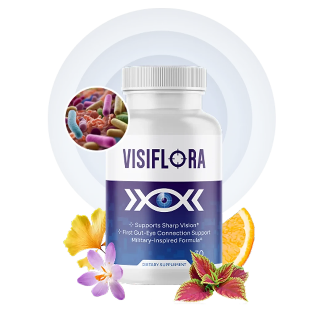 VisiFlora vision support supplement bottle with ginkgo, saffron, orange and coleus — 30 capsules supporting sharp vision and the gut-eye connection